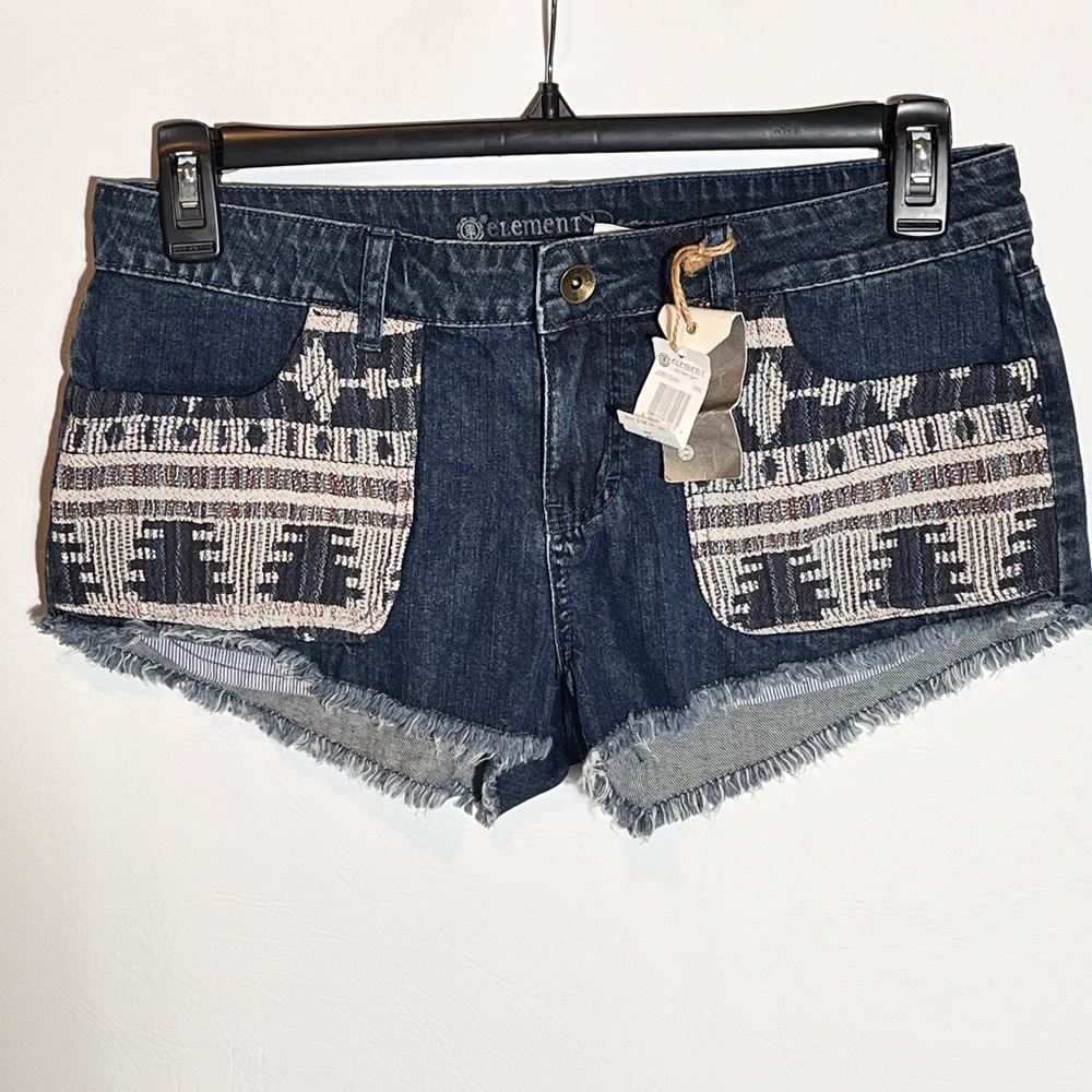 Element Dark Blue Denim Jean Shorts with Aztec Patch Pockets